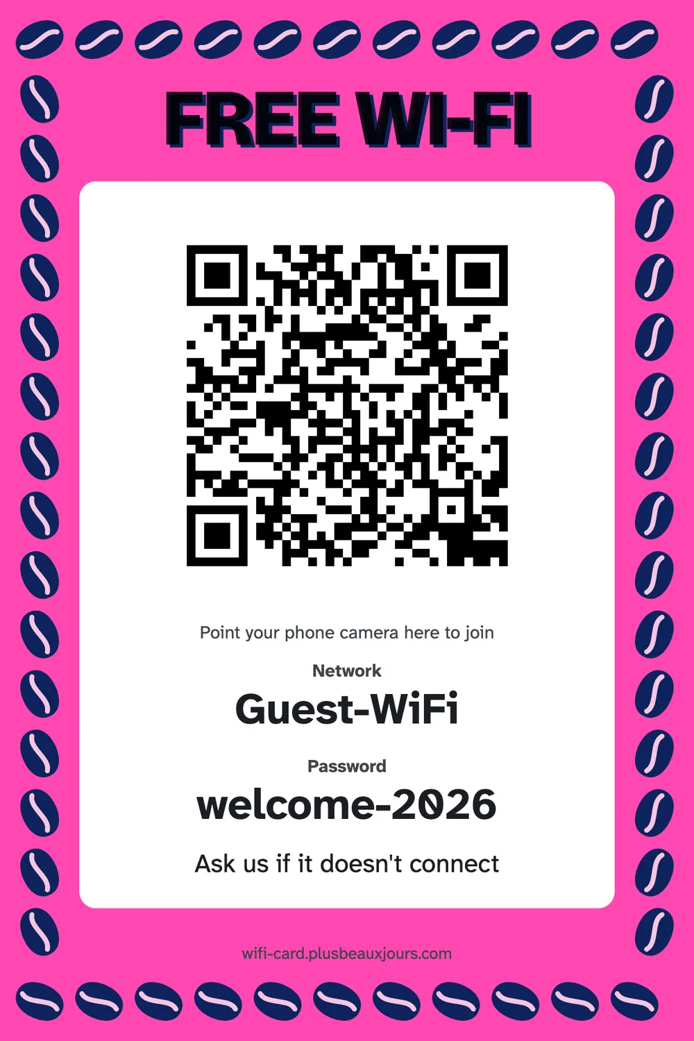 Printable café free Wi-Fi sign with QR code, pink riso poster with teal coffee bean border, table tent