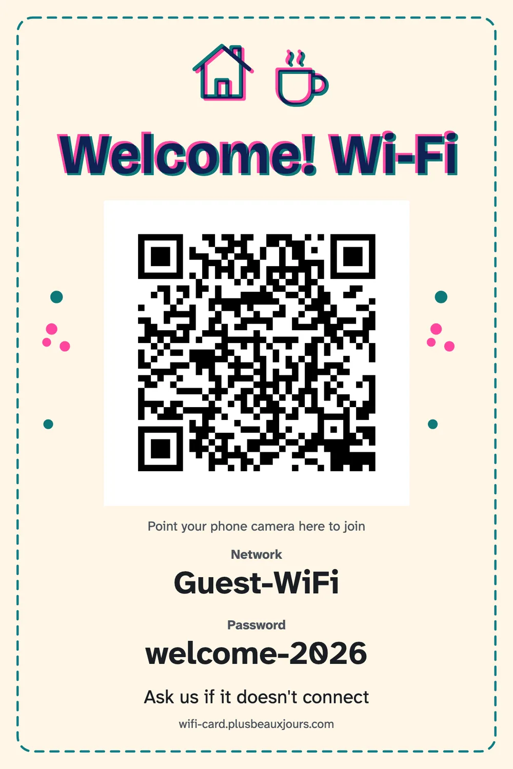 Printable home guest Wi-Fi sign with QR code, house and coffee mug in pink and teal riso ink, 4×6