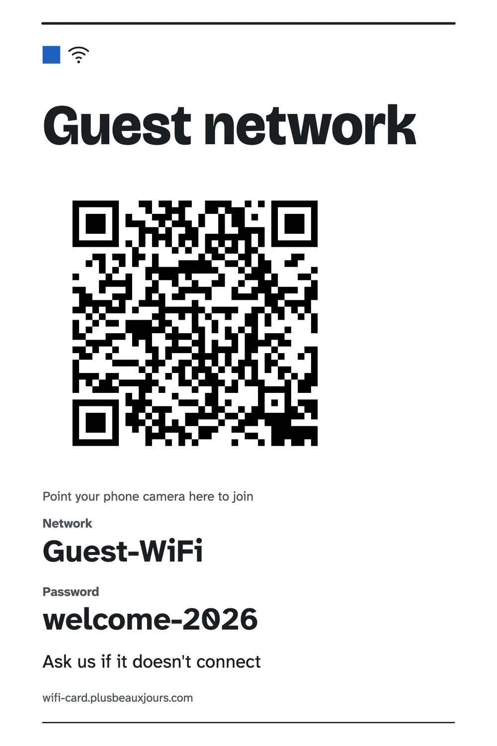 Printable office guest Wi-Fi sign with QR code, minimal Swiss grid with black rules, table tent