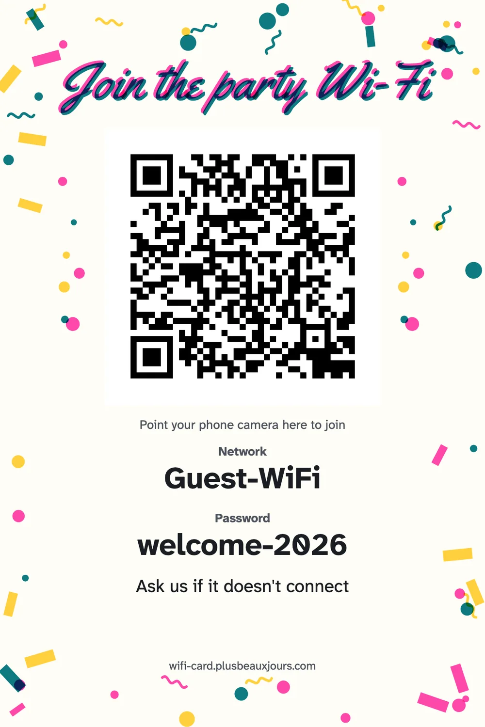 Printable wedding and party Wi-Fi sign with QR code, riso confetti dots and script title, table tent