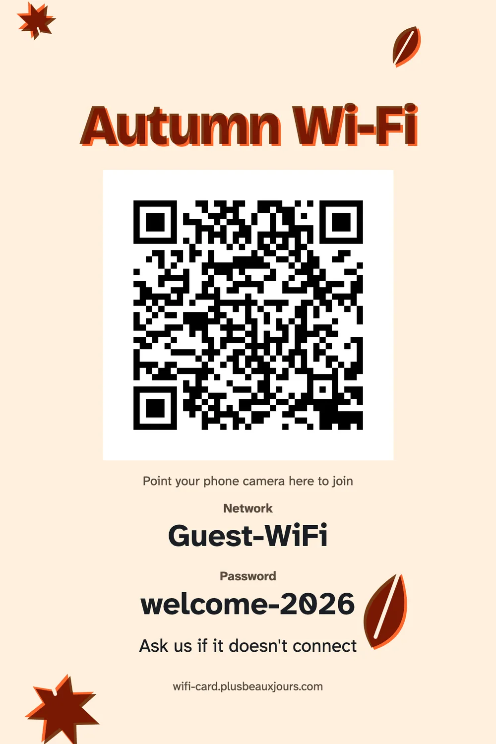 Printable autumn Wi-Fi sign with QR code, orange and brown riso maple leaves, 4×6