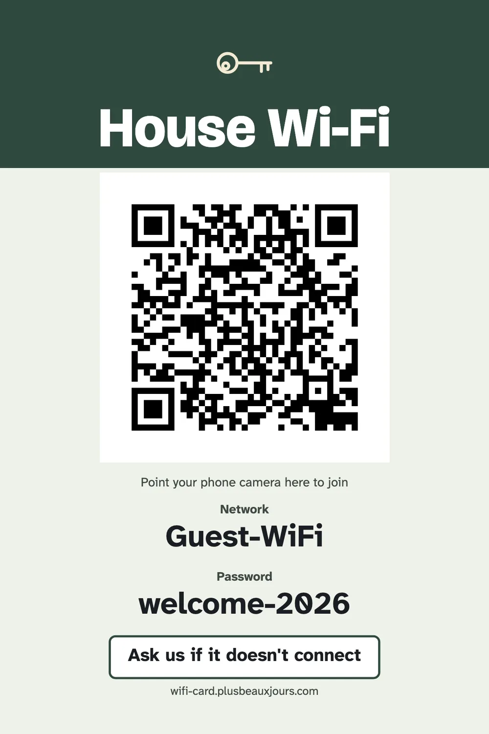Printable Airbnb Wi-Fi card with QR code, sage green band with a key, checkout note, A6